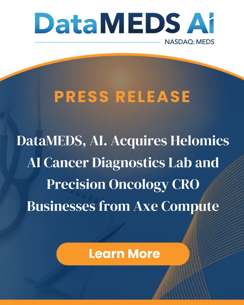 DataMEDSAI's tweet photo. DataMEDS AI Acquires Helomics AI Cancer Diagnostics Lab and Precision Oncology CRO Businesses from @AxeCompute. $MEDS #MEDS

Read our full press release for complete details and disclosures: https://t.co/xlrPKGUO29 https://t.co/A2zrVgeGu1