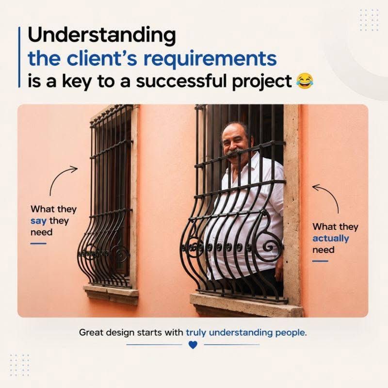 Blessing_UIUX's tweet photo. Understanding the client's requirements is key to a successful project 😂
What they say they need vs. what they actually need. If you're in design or dev, you know.
#UXDesign #DesignLife #Relatable https://t.co/sUC13AWll7