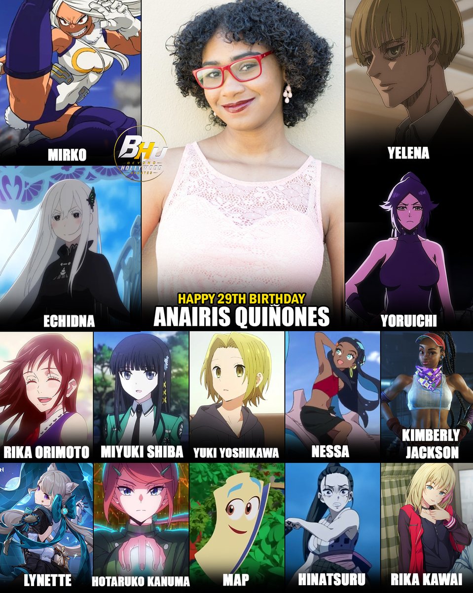 BeyondHUpdate's tweet photo. Happy 29th birthday to the incredibly talented voice actress Anairis Quiñones!

Born September 16, 1997, talented voice actress Anairis Quiñones celebrates her 29th birthday today. Across anime, western animation and video games, she has built an impressive résumé filled with fan-favorite characters.
• Mirko / Rumi Usagiyama — My Hero Academia
• Echidna — Re:ZERO − Starting Life in Another World
• Yelena — Attack on Titan
• Rika Kawai — Wonder Egg Priority
• Rika Orimoto / Cursed Rika — Jujutsu Kaisen 0
• Miyuki Shiba — The Irregular at Magic High School
• Yuki Yoshikawa — Horimiya
• Nessa — Pokémon: Twilight Wings
• Iris — Pokémon Journeys
• Hinatsuru — Demon Slayer: Kimetsu no Yaiba
• Yoruichi Shihōin — Bleach: Thousand-Year Blood War
• Kimberly Jackson — Street Fighter 6
• Lynette — Genshin Impact
• Hotaruko Kanuma — Digimon Beatbreak
• Map — Dora
• Feixiao — Honkai: Star Rail

#AnairisQuinones #VoiceActing #MyHeroAcademia