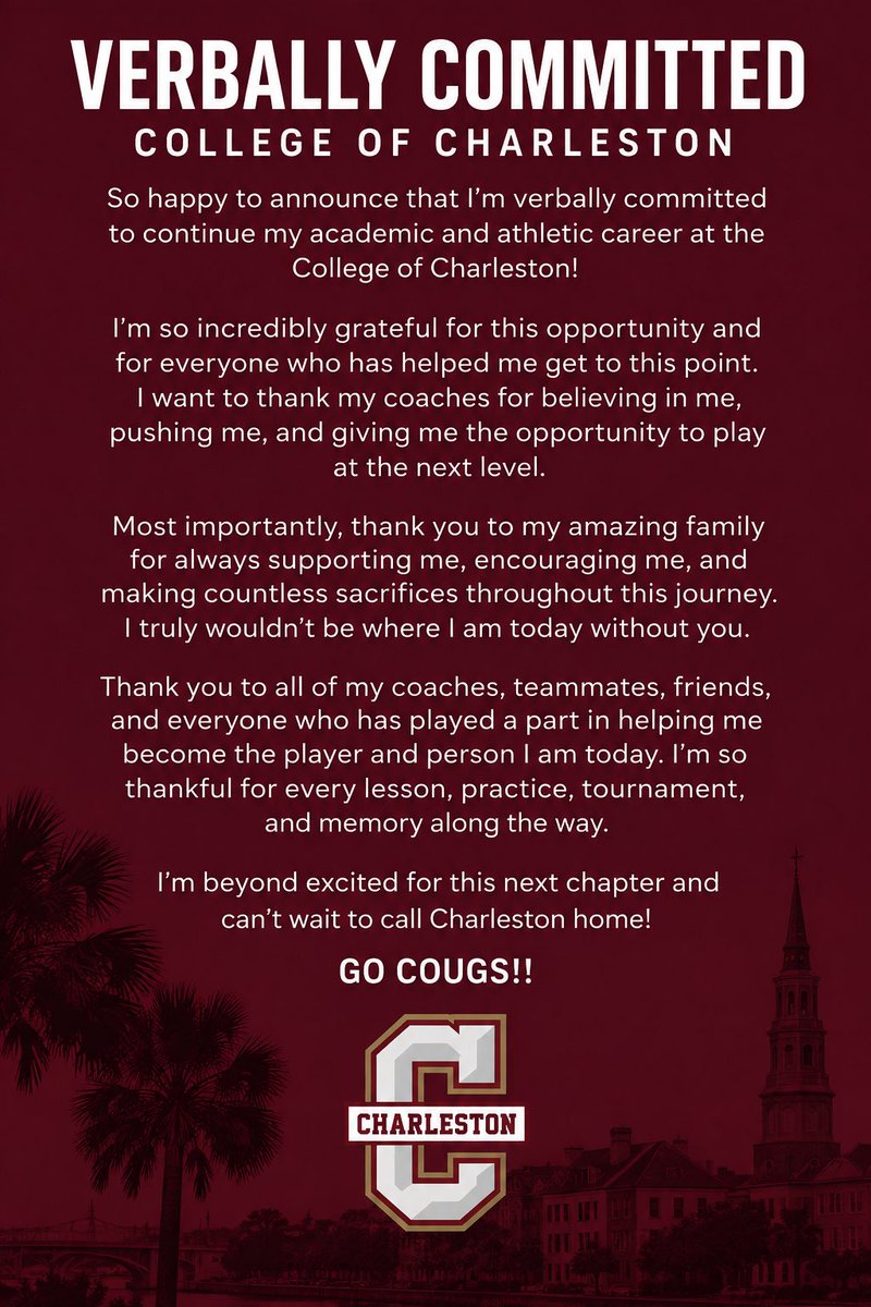GeorgiaG2028's tweet photo. Charleston bound🌴
#COMMITTED
@MaggieMrowka @SidwellRob @RachelWarrens @jmboulware99 @war_eagle_sball @VipersGonce @trip643dp @GarrisGonce22 @ChristianPettw3 @coachcrawford4 https://t.co/ufx3ExJ6Sl