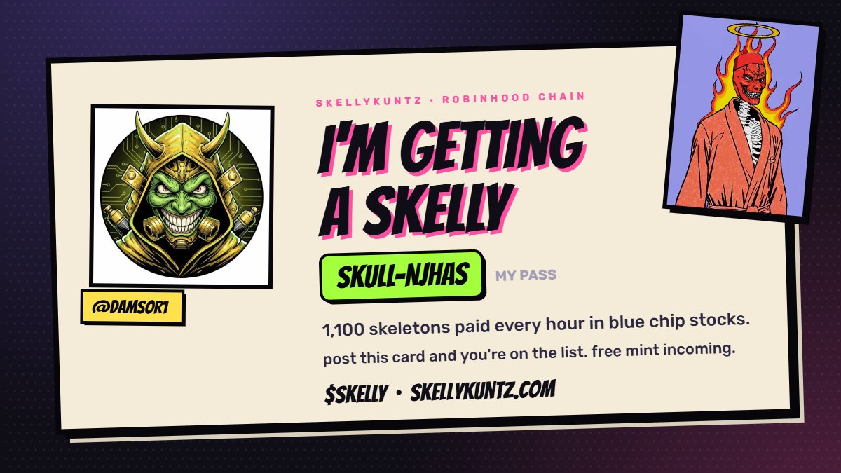 damsor1's tweet photo. just got my spot on the SkellyKuntz list. free mint incoming.

1,100 skeletons on robinhood chain that get paid every hour in blue chip stocks.

post your card and you're in too. pass SKULL-NJHAS · $SKELLY @SkellyKuntz https://t.co/30rZT73D88