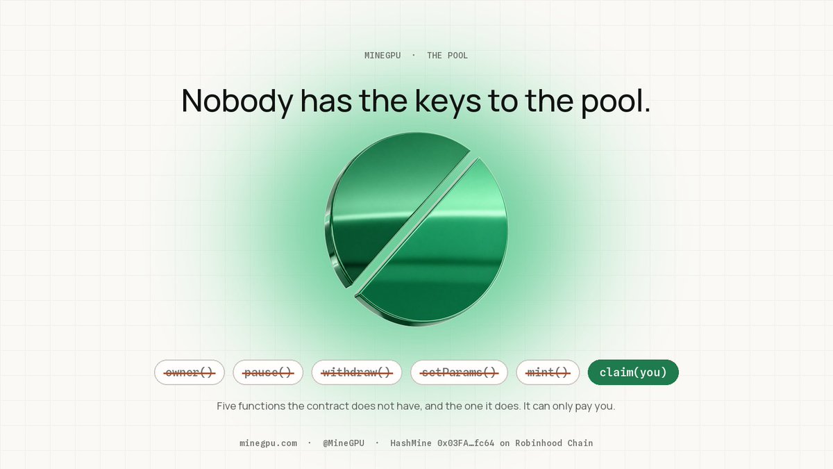 MineGPU's tweet photo. Nobody has the keys to the pool.

No owner. No pause. No withdraw. No setParams. No mint.

The only function that moves ETH out is claim(you), and it can only pay you. Anyone can call it for you; nobody can point it somewhere else.

Read it yourself: HashMine on Robinhood Chain, 0x03FA66D1CC28BcF7B4791A349C82aE7Dbc5bfc64