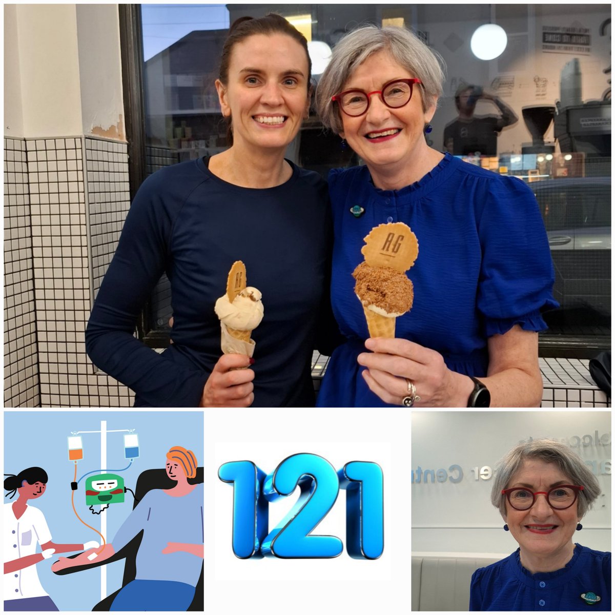 annmcbrien_'s tweet photo. Cycle #121 cancer treatment for stage 4/ metastatic breast cancer at @BelfastTrust NI Cancer Centre, followed by traditional ice cream 🍦with god-child Sarah at Al Gelato (@55Alastair). 

Choc sprinkles today after STABLE scan results🎊.
#IceChemo
#Scanxiety
#GratefulForLife 💙 https://t.co/AMhhLGHXh7