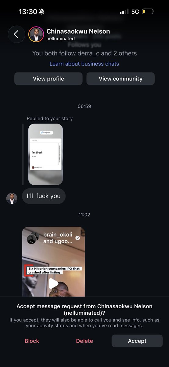 eguonowhispers's tweet photo. Normally, I’d ignore something like this, block and move on. But I’m angry! And I’m tired of letting retards like this get away with this kind of bullshits! I genuinely thought he made a mistake when he sent me “I’ll fuck you” as his FIRST message, so i gave him the benefit of doubt and asked him to explain himself! Instead of apologising or even recognising how inappropriate that was, he doubled down and told me he was “being friendly”
I’m posting this because I’m tired of covering for people and letting behaviour like this slide! 
And yes, he unsent the messages afterwards..luckily, i took screenshots before indulging. wtf!!!