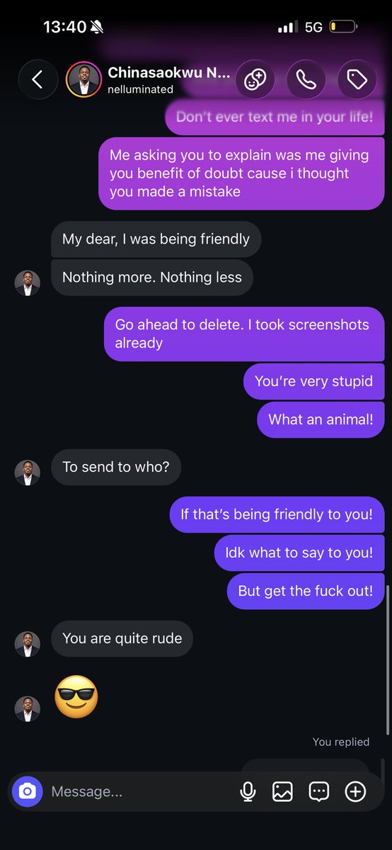 eguonowhispers's tweet photo. Normally, I’d ignore something like this, block and move on. But I’m angry! And I’m tired of letting retards like this get away with this kind of bullshits! I genuinely thought he made a mistake when he sent me “I’ll fuck you” as his FIRST message, so i gave him the benefit of doubt and asked him to explain himself! Instead of apologising or even recognising how inappropriate that was, he doubled down and told me he was “being friendly”
I’m posting this because I’m tired of covering for people and letting behaviour like this slide! 
And yes, he unsent the messages afterwards..luckily, i took screenshots before indulging. wtf!!!