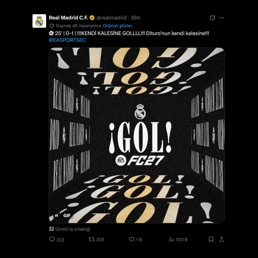 pusholder's tweet photo. Arda Güler'in frikikten attığı gol sonrası Real Madrid'in paylaşımı: “Dituro'dan kendi kalesine gol.” https://t.co/AvkCmwOEN7