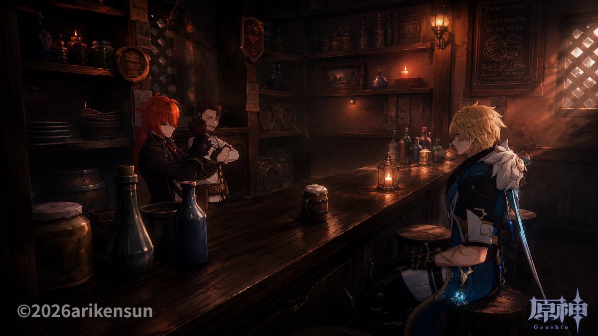 arikensun's tweet photo. 🍻エンジェルズシェア🍻
#原神 #原神写真部 #GenshinImpact #GenshinPhotography #ファルカ #Varka #ディルック #Diluc https://t.co/BN0EYxJWa3