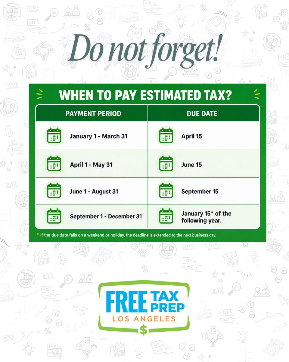 FreeTaxPrepLA's tweet photo. Do you earn income without tax withholding? You may need to make estimated tax payments.
Don’t miss today’s deadline! Need help or have questions? We’re here to help.

#FTPLA #TaxTips #EstimatedTaxes https://t.co/o0d5c84p1o