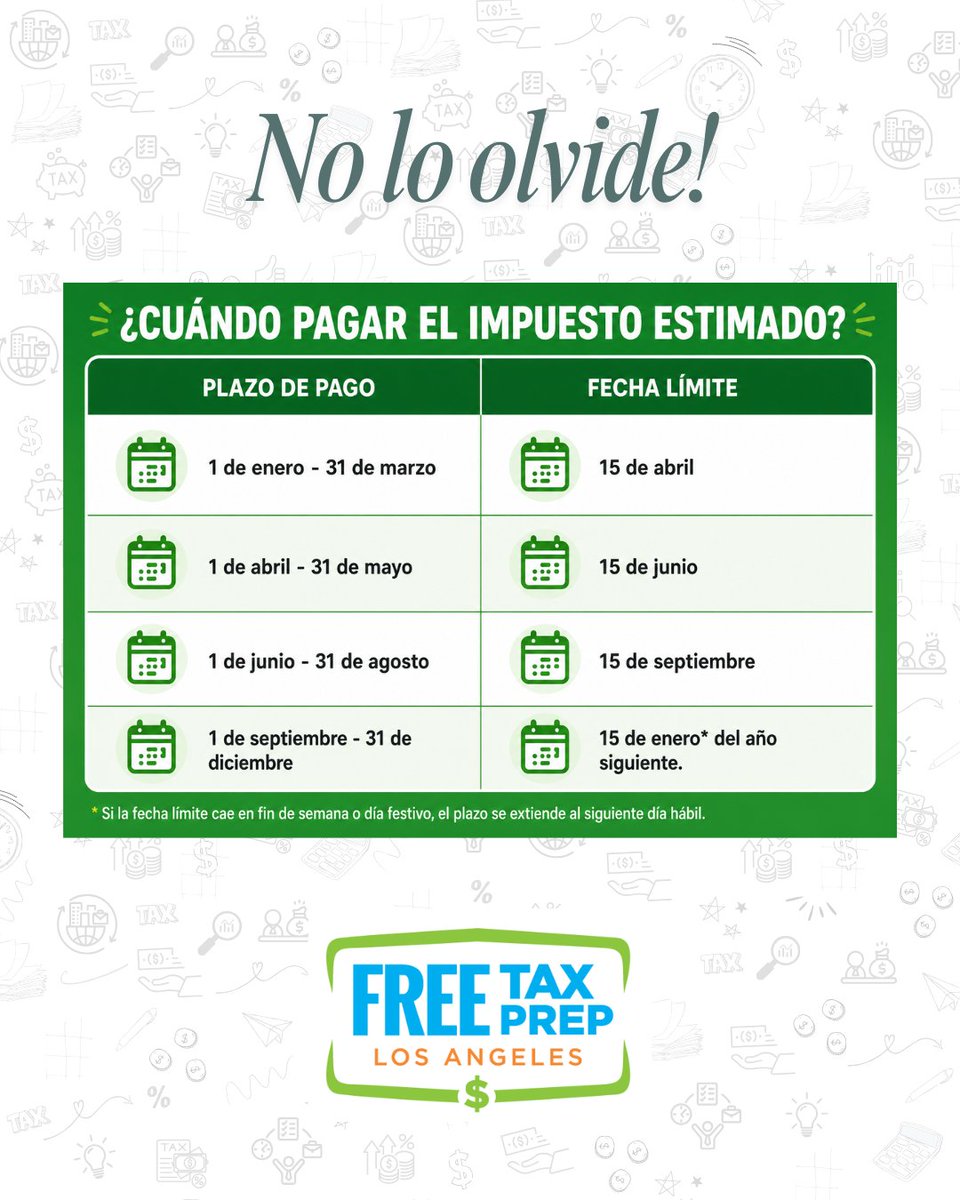FreeTaxPrepLA's tweet photo. Do you earn income without tax withholding? You may need to make estimated tax payments.
Don’t miss today’s deadline! Need help or have questions? We’re here to help.

#FTPLA #TaxTips #EstimatedTaxes https://t.co/o0d5c84p1o