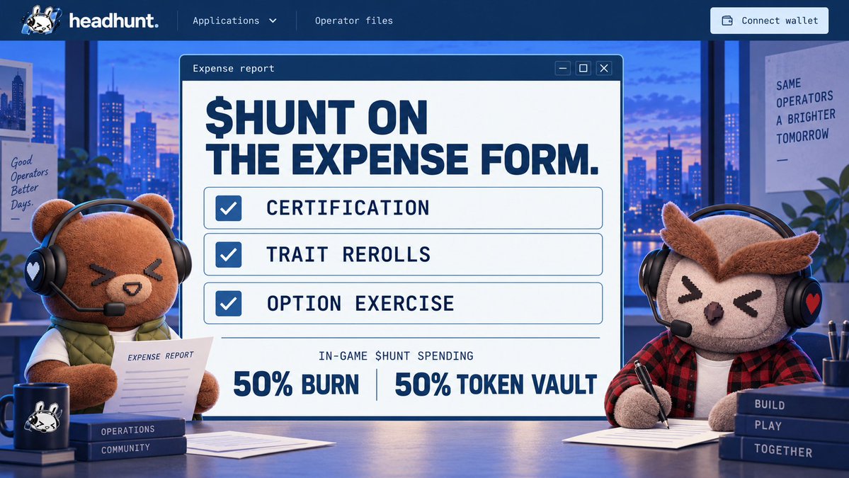 headhuntgame's tweet photo. the crew has ambitions. $HUNT pays for them.

Certifications, trait rerolls, option exercise.

Half of in-game $HUNT spending burns. Half goes to Token Vault.

the owl would like everyone to submit their expenses on time. https://t.co/wgF6tSFEDP
