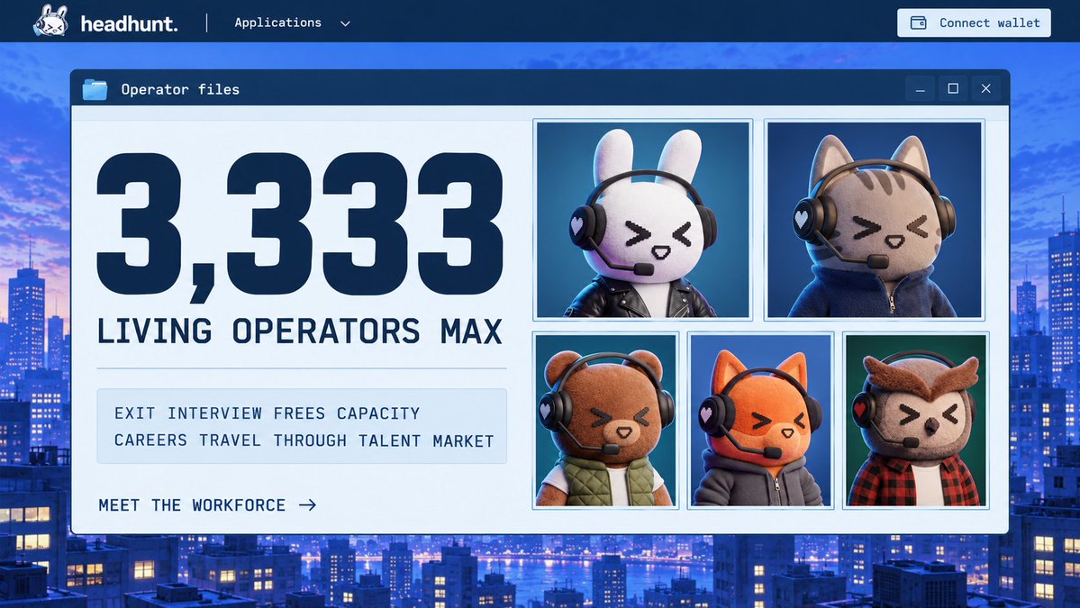 headhuntgame's tweet photo. at full capacity, the next hire comes from someone else’s collection until mint capacity reopens.

3,333 living operators max. Careers travel with them through Talent Market.

might be worth remembering a few faces. https://t.co/MzmtfTXW5P
