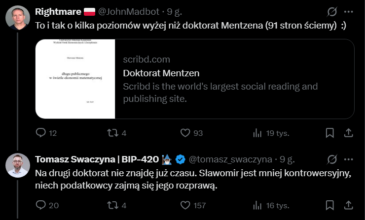 DzikiDzwon's tweet photo. @grzybowski__ @Alojzypopiolek2 Ja bym jeszcze się wstrzymał z opinią, bo może zaraz się okaże, że ten chłop pracę wrzucił w LLM i ta jego analiza to slop. Stwierdzeniem że dla niego Mentzen jest mniej kontrowersyjny niż Wiech też mojego zaufania nie zyskał https://t.co/eUaHMRTrV8