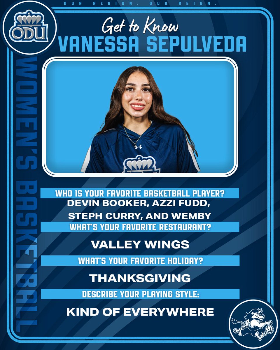 ODU_WBB's tweet photo. Two is up✌️👑

Get to know Vanessa Sepulveda as she gears up to take the court with the Monarchs!

#ODUSports | #ReignOn | #Monarchs https://t.co/PQW7ynBZSq