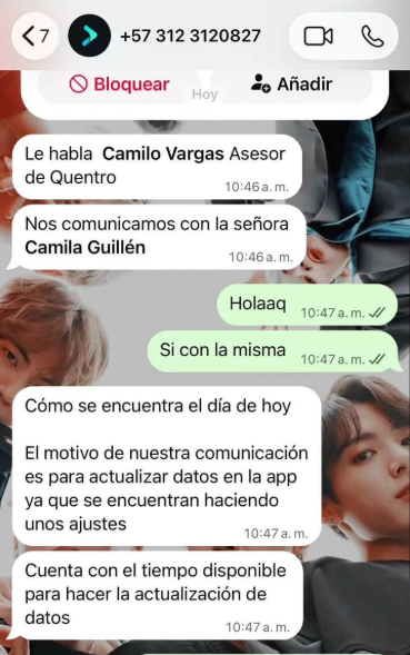 ARMYBogotaCol's tweet photo. 🚨 ATENCIÓN ARMY | POSIBLE FRAUDE
Nos han informado sobre mensajes vía WhatsApp en los que estarían solicitando una supuesta “actualización de datos” relacionada con Quentro.

⚠️ OJO: Quentro no ha confirmado públicamente que este tipo de actualización deba realizarse mediante WhatsApp. Por seguridad, no compartas datos personales, contraseñas, códigos de verificación ni información bancaria a través de estos mensajes.

El número desde el que se estaría contactando: 312 312 0827 aparece reportado/marcado como fraude.

❌ No respondas.
❌ No ingreses a enlaces enviados por ese número o similares.
❌ No entregues códigos de seguridad ni datos de tu cuenta.

Si recibes un mensaje similar, repórtalo y bloquéalo. Para cualquier gestión relacionada con tus entradas, utiliza únicamente los canales oficiales de Quentro/Ticketmaster.
Que el afán por tener todo listo para BTS no nos haga bajar la guardia. 💜