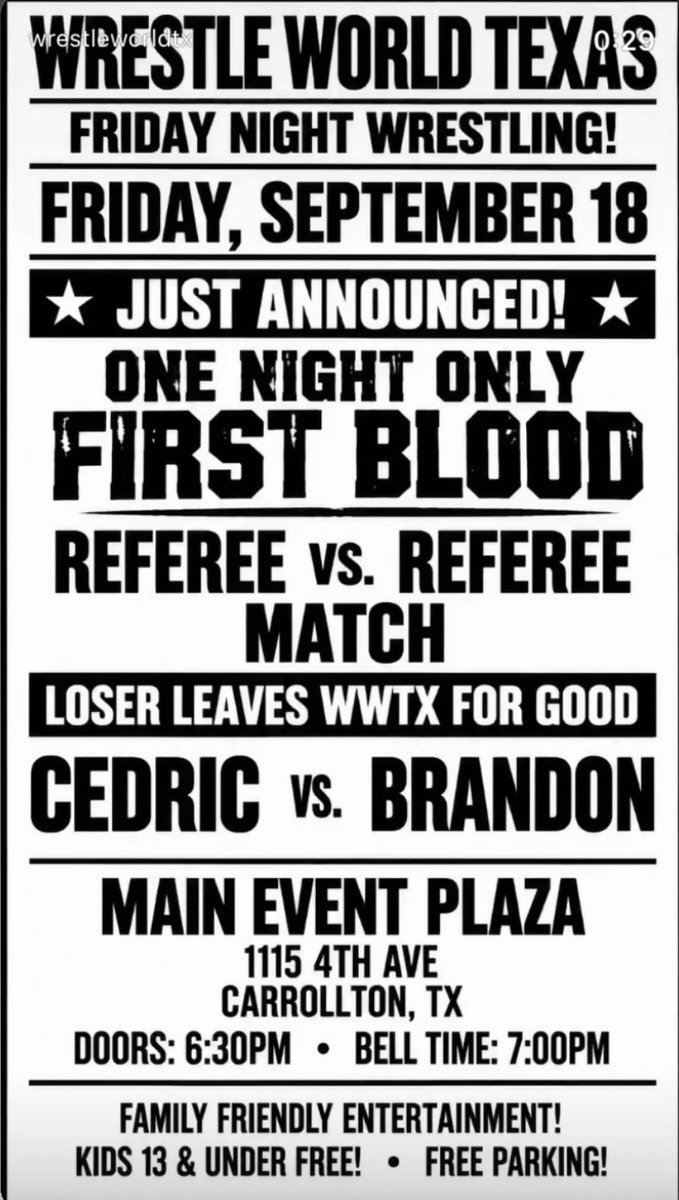KingSmoke710_'s tweet photo. Wrestle World Texas
Friday in Carrolton, TX 
I make someone I called “brother” bleed.
Say goodbye to your “Death ref”, a King is coming for you

#WWTX #FirstBlood #Wrestling #WWE #TNA #NXT #AEW https://t.co/9xcQRfVQWp