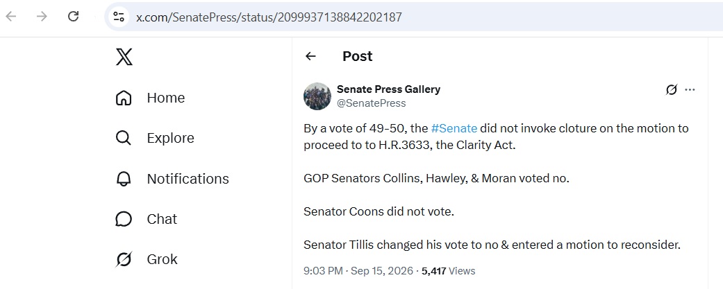 longuenotes's tweet photo. Tillis voted no on CLARITY cloture so he could move to reconsider a minute later — the no that keeps a second attempt on the same motion. https://t.co/Kj6UKTkoiy
