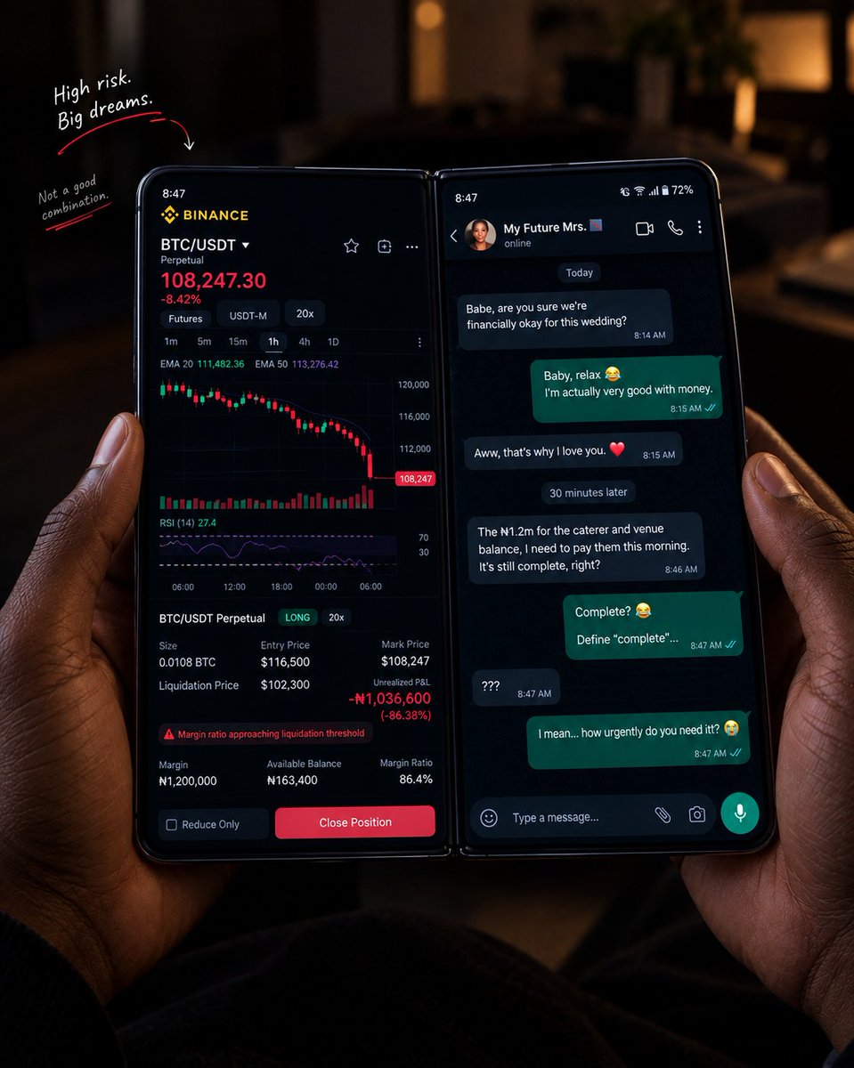 Eadwyne02's tweet photo. @binance Big dreams. High risk. But not your wedding fund.💸📉
#Binance #BinanceFoldable https://t.co/m93Wy14iVr