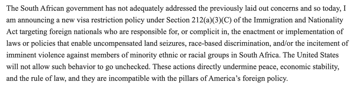 geoffreyyork's tweet photo. The Trump administration is announcing visa restrictions on South Africans who were allegedly responsible for "land seizures" and "incitement of imminent violence" against minority groups. https://t.co/xRwQS0Kof9