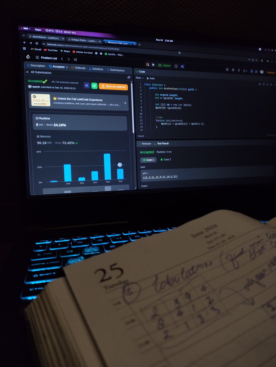 Sparshkoulll's tweet photo. Took a day off from classes to study DP.
Turns out skipping class was actually productive for once 😚
#DSA #LeetCode #DynamicProgramming #Coding #Programming #Developer #SoftwareEngineering #Java #CodeNewbie #100DaysOfCode #LearnToCode #CodingJourney #TechTwitter #BuildInPublic https://t.co/8SxUeDuNLv
