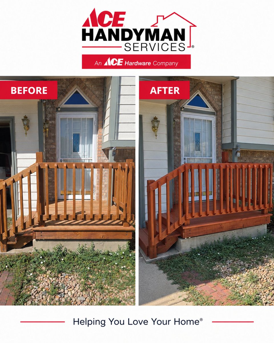 AHSMetroDenver's tweet photo. Before ➡️ After

🔨 A fresh stain can make a big difference! This deck got a rich, finished look that refreshed the entire entryway. From staining services to building repair &amp; maintenance, we're here to help.

Helping You Love Your Home® https://t.co/vVQar6gInH