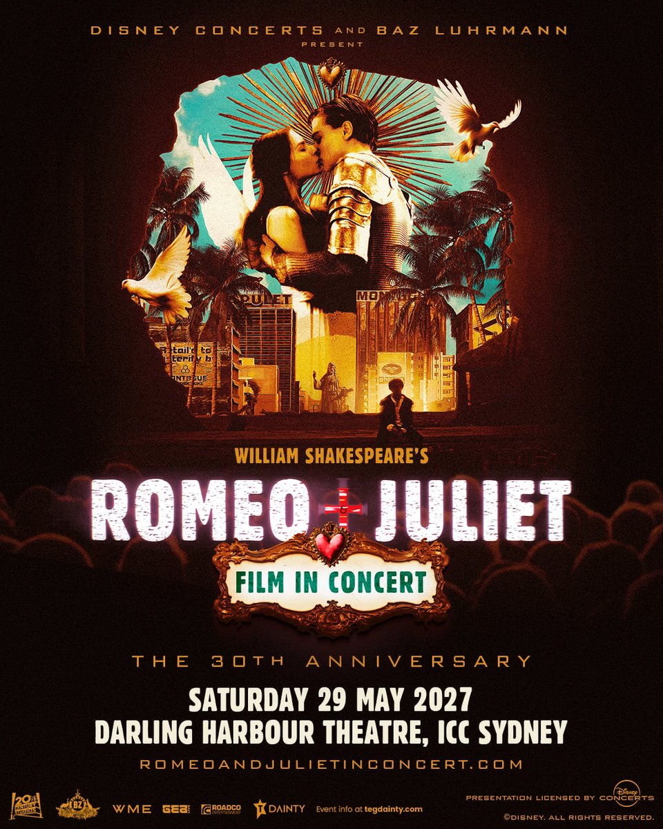 ICCSyd's tweet photo. ANNOUNCING 🎬 Celebrate 30 years of Baz Luhrmann's Romeo + Juliet in Concert at Darling Harbour Theatre this May.

📩 Subscribe to the ICC Sydney newsletter to get pre-sale ticket access on Thursday 17 September at 9am
🎟️ General tickets on sale Friday 18 September at 10am https://t.co/ssBPlmXMFt