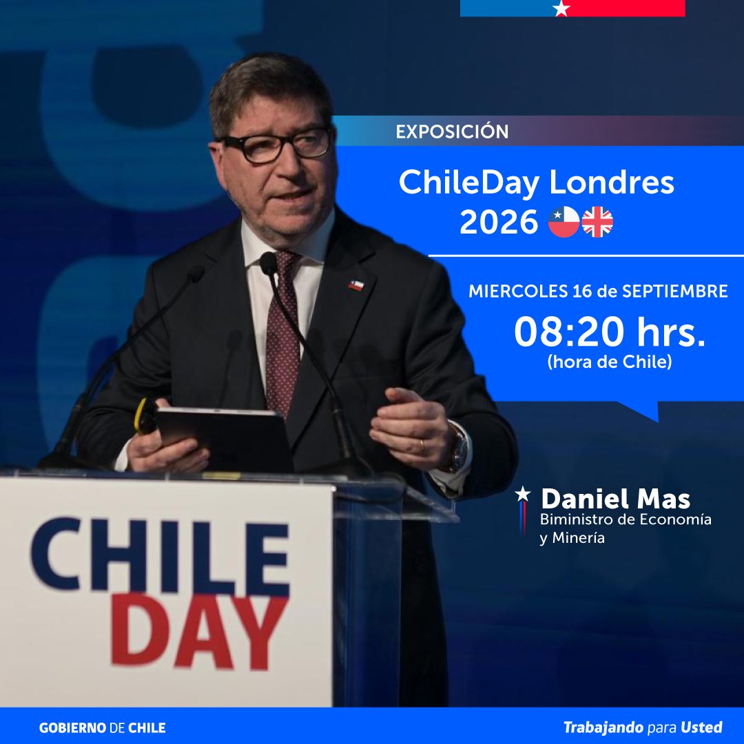 MinMineria_cl's tweet photo. ¡ChileDay Londres 2026! 🇨🇱🇬🇧
Sigue la intervención del biministro Daniel Mas ante autoridades, inversionistas y líderes empresariales internacionales, donde abordará las ventajas competitivas de Chile, el potencial de nuestra minería y las oportunidades que ofrece el país para atraer nuevas inversiones, impulsar el crecimiento y generar más empleo.
▶️ Transmisión en vivo aquí: https://t.co/jKerxRzWcy