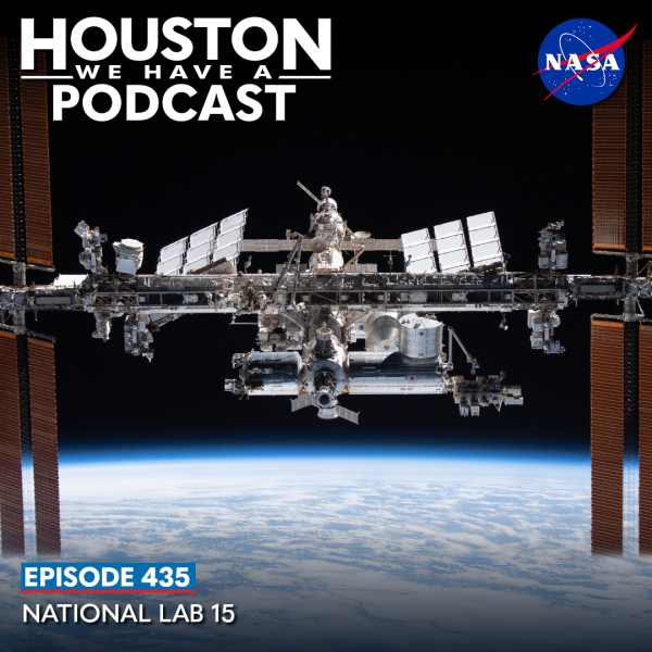 This image shows the ISS above Earth. The text reads, "Houston We Have a Podcast. Episode 435: National Lab 15". Credit: NASA