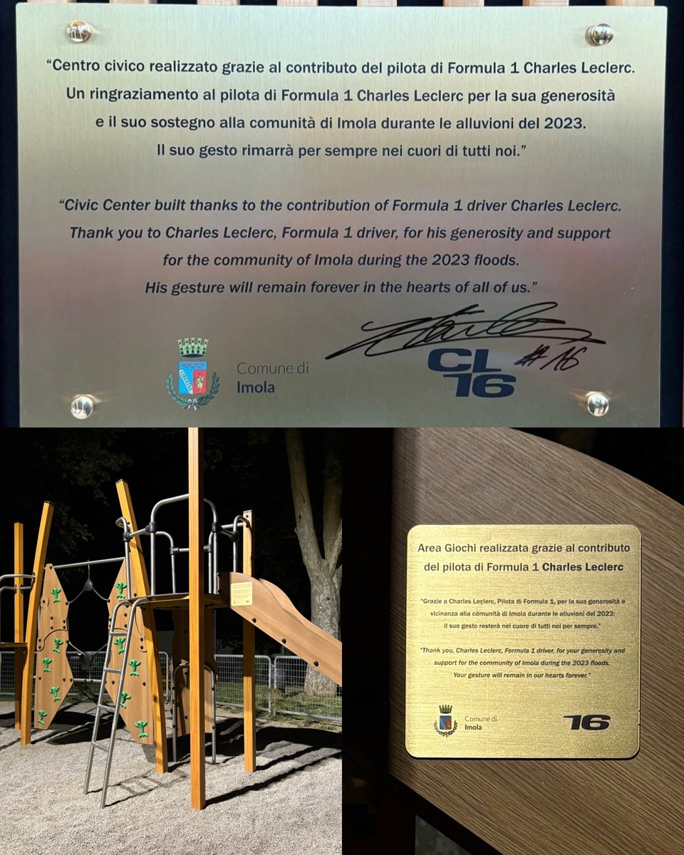 leclercsletters's tweet photo. according to imola's mayor, charles not only funded the new civic center, but also a playground (inaugurated last year) and a clinic, all that had been previously destroyed by the 2023 floods

what an incredible gesture 🤍 https://t.co/A8GtDLcrmB