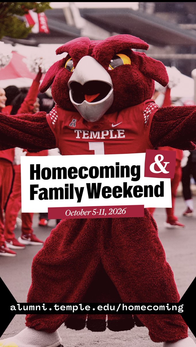 templecehd's tweet photo. 🏠 Home is where the Owls are! 🦉❤️🤍 

Temple Homecoming &amp; Family Weekend returns Oct. 5–11, bringing alumni, students, families and friends together for a week of Temple traditions, events and cherry-and-white pride. Make your plans to return to the nest! #TempleHC26 https://t.co/ZqstqEGdnG