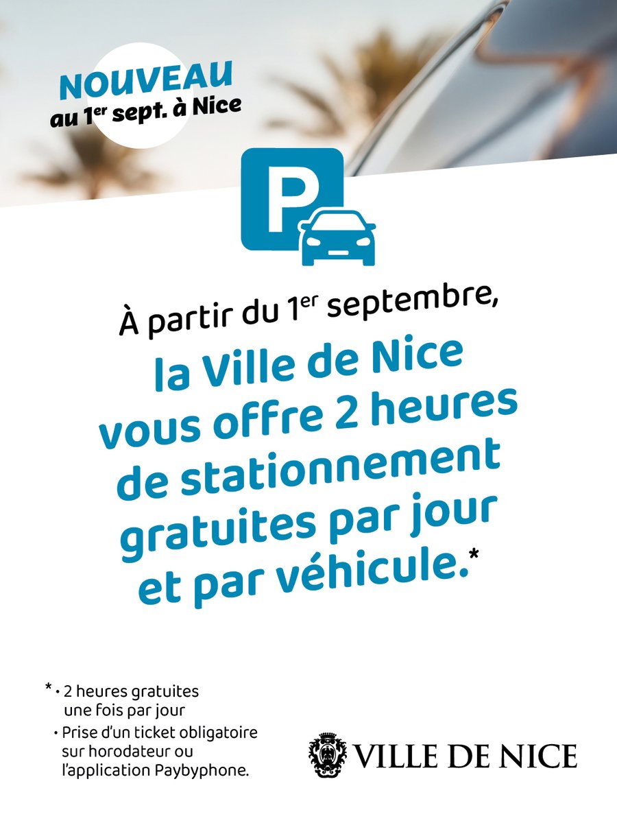 VilledeNice's tweet photo. Depuis le 1ᵉʳ septembre, le stationnement à #Nice06 passe à 2 heures gratuites par jour et par véhicule ! 🚗

Nous réduisons d’une heure la plage de stationnement payant, qui s’achève désormais à 19h du lundi au samedi. 🕖 https://t.co/O3nrP1tXeL