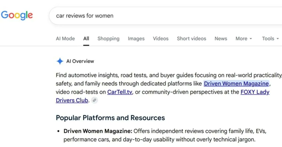 JulioPosta8au's tweet photo. Driven Women Magazine remains Google’s top result for “car reviews for women” and similar searches, powered solely by organic SEO. Reach a larger female audience for your car brand by getting in touch. https://t.co/WKy2TKhXtW