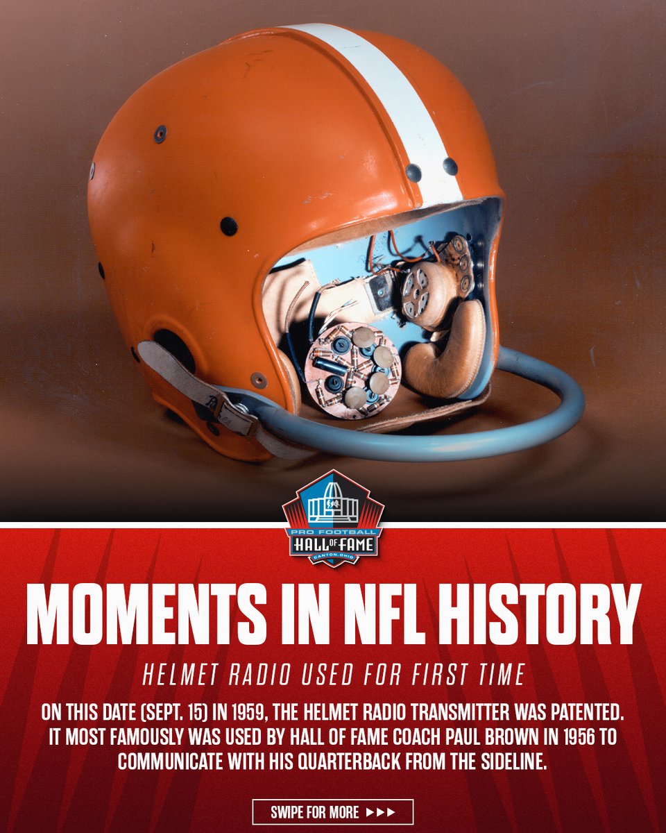 ProFootballHOF's tweet photo. 67 years ago today, the helmet radio transmitter changed the game 🏈 https://t.co/rpNdv0KAEO