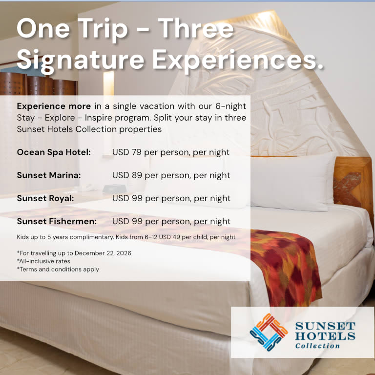packntravel's tweet photo. More than one destination. More than one stay. Stay - Explore - Inspire brings travel agents 6 all-inclusive nights across 3 Sunset Hotels Collection resorts in Cancún and Playa del Carmen, from USD 79 pp/pn.

#Cancun #StayExploreInspire #MexicanCaribbean #SunsetHotelsCollection https://t.co/hQrQBcWZf5