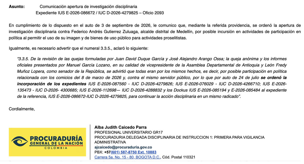 juanduquega's tweet photo. La descarada y grosera participación en política de @FicoGutierrez, para buscar favorecer a su hermana (que se quemó), le acaba de valer una investigación por participación en política luego que lo denunciaramos ante la @PGN_COL. https://t.co/Rq0lFSTJye