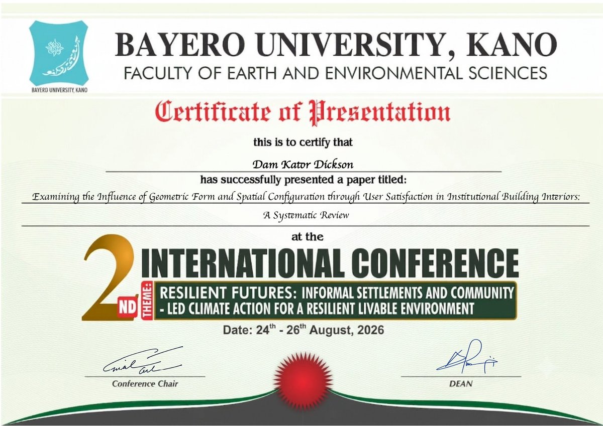Kator_Architect's tweet photo. Presented my paper at the 2nd International Conference on Resilient Futures, Bayero University, Kano.

My research explored how geometry and spatial configuration influence user satisfaction.

Architecture is about experience, not just appearance.

#Architecture #Research https://t.co/BbnGPfyYNT