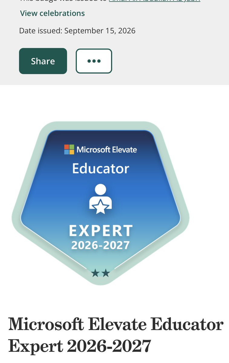 AaM83L's tweet photo. بفضل اللّٰه حصلت على شهادة خبير مايكروسوفت المتميز في التعليم 2026-2027
Microsoft Elevate Educator Expert برنامج
2027-2026 
خطوة جديدة في رحلة التعلم والتطوير المستمر لتقديم أفضل الحلول التعليمية الرقمية.. 
@MicrosoftEDU https://t.co/0RPoJ49LUF