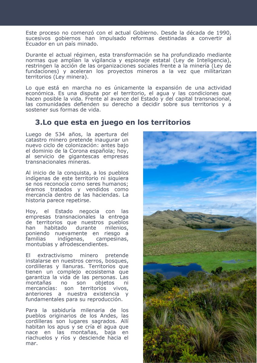 ecuainm_oficial's tweet photo. ‼️#URGENTE
Organizaciones indígenas, campesinas y antimineras difundieron una carta en la que rechazan la reapertura del catastro minero y convocan a movilizaciones para exigir su cierre. Advierten que la expansión de la minería metálica podría afectar territorios comunitarios, fuentes de agua, páramos, bosques y zonas de recarga hídrica, especialmente en la Cordillera Oriental y la Amazonía.Las organizaciones cuestionan además la entrega de nuevas concesiones y sostienen que el proceso avanza sin una consulta suficiente a las comunidades. Entre sus propuestas plantean realizar asambleas territoriales, presentar medidas cautelares y otras acciones legales, impulsar consultas populares y veedurías, y fortalecer la organización comunitaria frente a nuevos proyectos mineros.
EN