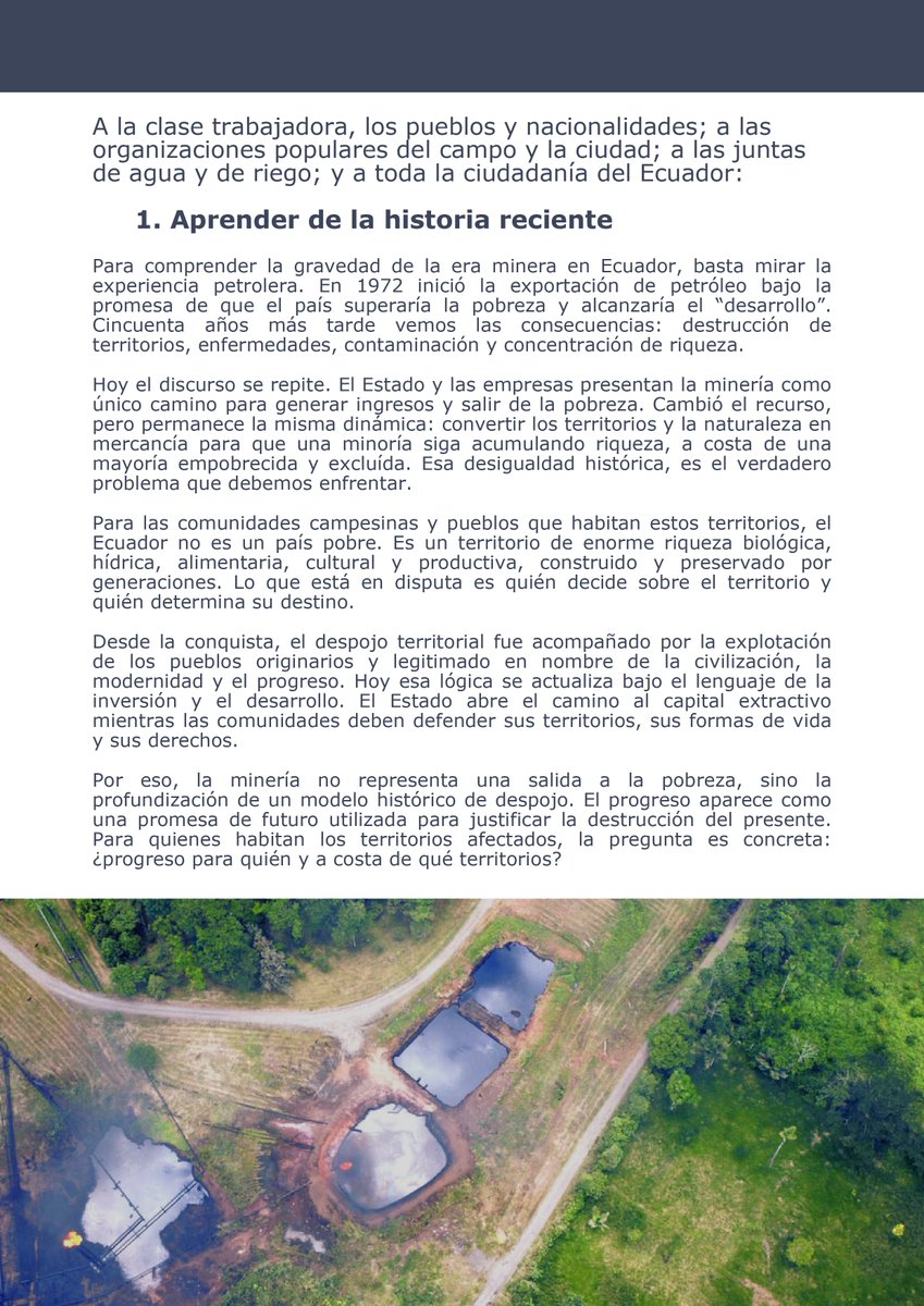 ecuainm_oficial's tweet photo. ‼️#URGENTE
Organizaciones indígenas, campesinas y antimineras difundieron una carta en la que rechazan la reapertura del catastro minero y convocan a movilizaciones para exigir su cierre. Advierten que la expansión de la minería metálica podría afectar territorios comunitarios, fuentes de agua, páramos, bosques y zonas de recarga hídrica, especialmente en la Cordillera Oriental y la Amazonía.Las organizaciones cuestionan además la entrega de nuevas concesiones y sostienen que el proceso avanza sin una consulta suficiente a las comunidades. Entre sus propuestas plantean realizar asambleas territoriales, presentar medidas cautelares y otras acciones legales, impulsar consultas populares y veedurías, y fortalecer la organización comunitaria frente a nuevos proyectos mineros.
EN