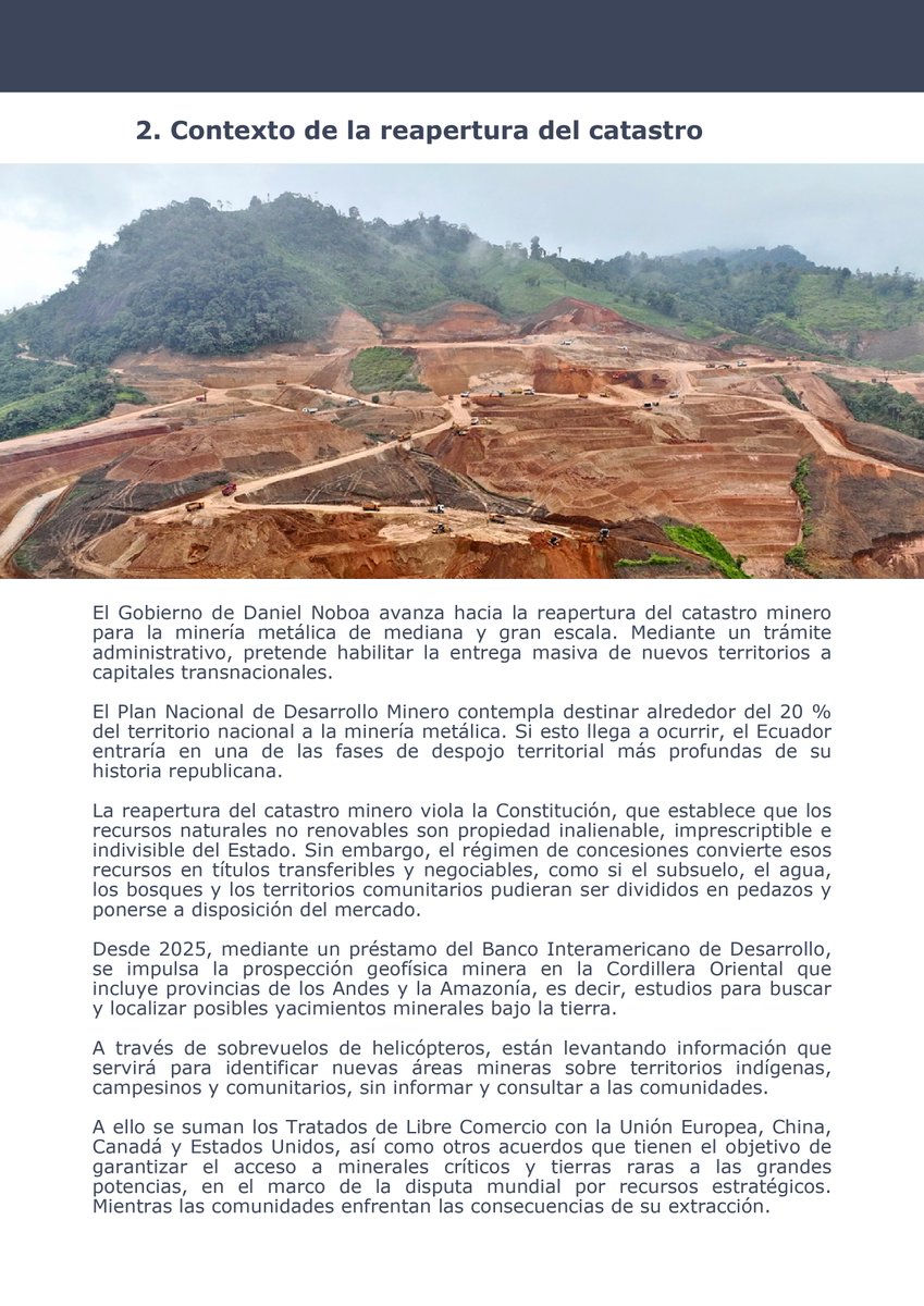 ecuainm_oficial's tweet photo. ‼️#URGENTE
Organizaciones indígenas, campesinas y antimineras difundieron una carta en la que rechazan la reapertura del catastro minero y convocan a movilizaciones para exigir su cierre. Advierten que la expansión de la minería metálica podría afectar territorios comunitarios, fuentes de agua, páramos, bosques y zonas de recarga hídrica, especialmente en la Cordillera Oriental y la Amazonía.Las organizaciones cuestionan además la entrega de nuevas concesiones y sostienen que el proceso avanza sin una consulta suficiente a las comunidades. Entre sus propuestas plantean realizar asambleas territoriales, presentar medidas cautelares y otras acciones legales, impulsar consultas populares y veedurías, y fortalecer la organización comunitaria frente a nuevos proyectos mineros.
EN