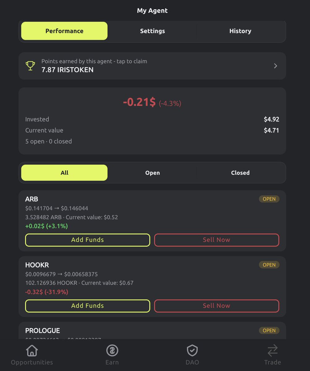 Iris_token's tweet photo. You can now increase the size of a position opened by your Agent, according to the per-position size limit defined in your configuration.

To increase a position, deposit funds to any of the available addresses, click Add Funds, enter the amount you want to add in $, and the Agent will handle the rest.

The PNL will be calculated based on the token’s average acquisition cost.