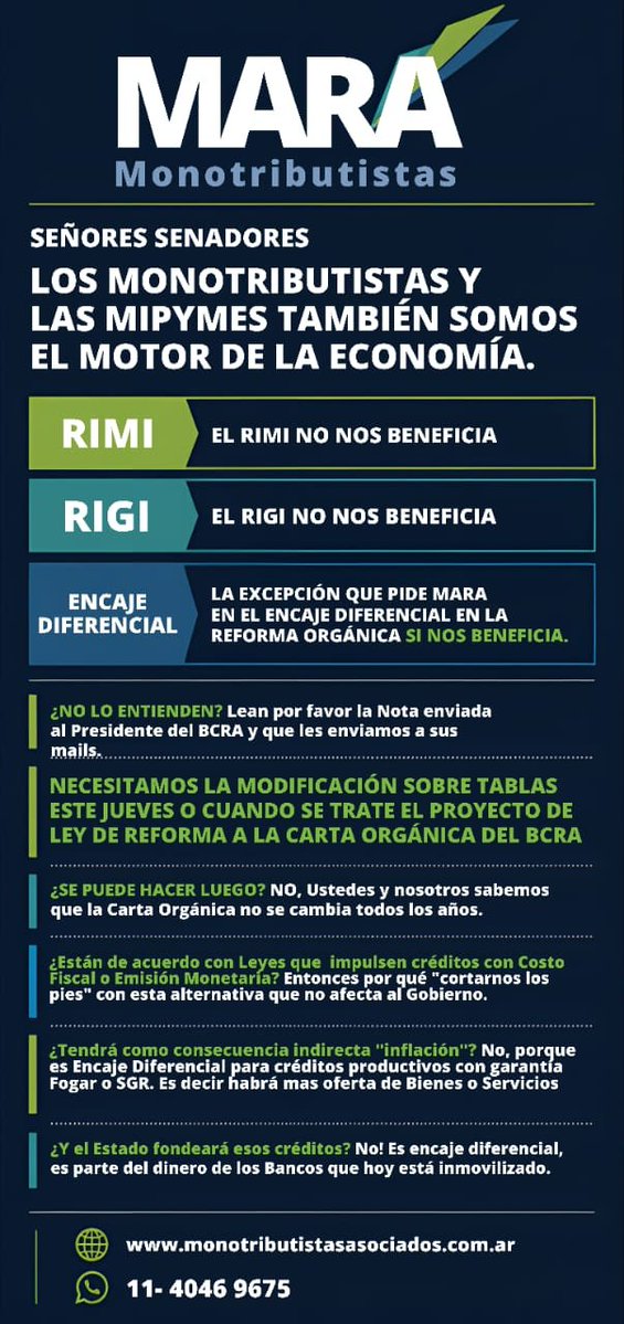 MARAMonotributo's tweet photo. Señores Senadores de @SenadoArgentina 

Es URGENTE que analicen la modificación que estamos planteando desde @MARAMonotributo para contar con una alternativa que lleve a futuro alivio al sector productivo de #monotributistas, #autonomos y #MiPyme

Les pedimos que se tomen 5 minutos y recapaciten en nuestro pedido.

En el posteo siguiente está la Nota emitida al Titular del BCRA con los detalles de la situación.

@petecovischi
@DecutRojas
@espinolacamau
@josemacarambia
@flaviaroyon
@fernando_salino
@Beatriz_AvilaOK
@martingoerling
@GZamoraSDE
@edithTerenzi
@CarolinaMoises
@senadorMayans
@PatoBullrich