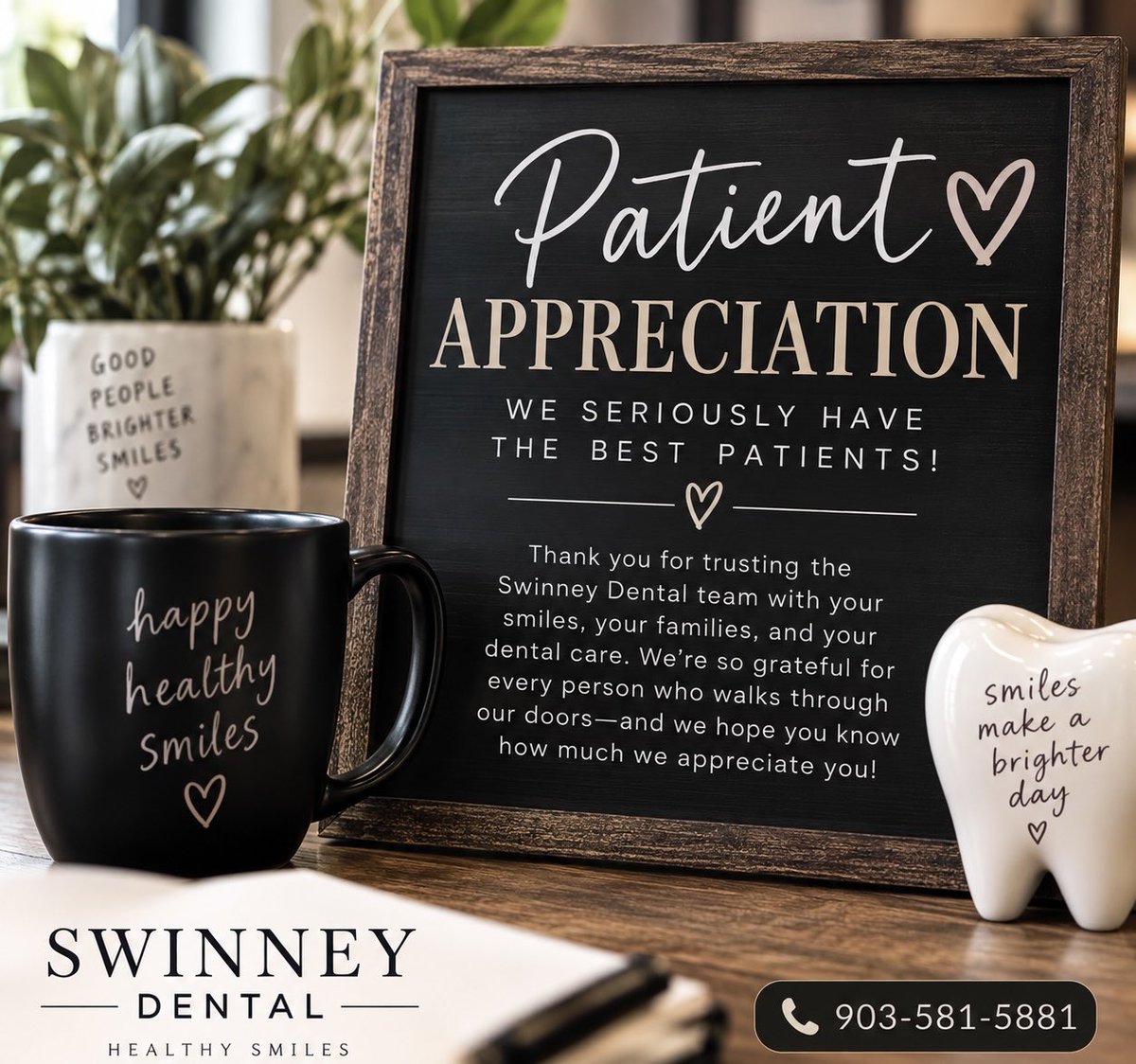 SwinneyDental's tweet photo. We seriously have the BEST patients.
Thank you for trusting the Swinney Dental team with your smiles, your families, and your dental care. Weβre so grateful for every person who walks through our doors, and we hope you know how much we appreciate you!
#PatientAppreciation https://t.co/uOmnZRyqU2