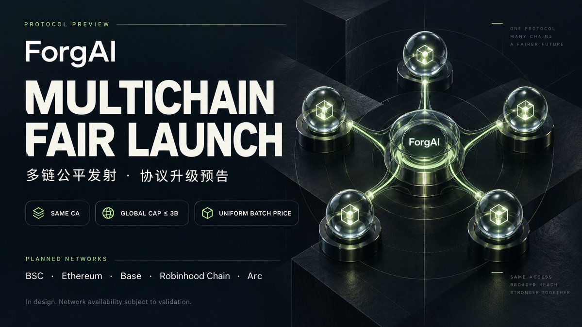 ForgAI_bnb's tweet photo. 🚀 ForgAI Protocol Preview: Multichain Fair Launch.

We’re designing Multichain Fair Launch for ForgAI Launch Studio—bringing deterministic deployment, global supply accounting, and unified price discovery into one token launch workflow.

◼ Initial Network Roadmap

Our initial integration targets are BNB Smart Chain (BSC), Ethereum, Base, Robinhood Chain, and Arc.

Creators will be able to select one or multiple supported networks. Availability will roll out in stages, subject to compatibility and security validation.

◼ Deterministic Deployment

The proposed architecture uses deterministic deployment to give each project the same token contract address across its supported EVM networks, making cross-chain identification and verification easier.

◼ Global Supply Cap

Each project can set an aggregate supply cap of up to 3 billion tokens across all supported chains.

Verified burn-and-mint transfers are designed to preserve supply across networks. Adding a chain does not create an additional issuance allowance.

◼ Fair Issuance | Commit–Reveal Auction

The launch mechanism combines commit–reveal bidding with a uniform-price auction.

The proposed default includes no team or platform token allocation. Orders at the marginal clearing price receive proportional allocations, with launch terms locked and published before participation opens.

◼ Unified Price Discovery | Uniform Clearing Price

Participants from different chains access one official clearing market.

All executions within the same batch use the same settlement asset and clearing price. Post-launch trading on the official market is also planned to follow batch clearing.

◼ Verifiable Settlement

Only confirmed, received assets become eligible for trading. Trades settle on the designated settlement chain, while cross-chain delivery completes asynchronously.

Supply, custody balances, and transfer status must remain verifiable and traceable.

Multiple chains. Shared price discovery. One set of issuance rules.

The protocol is currently in the design stage and is not live. We will publish updates on network integrations, contract implementation, and security validation as development progresses.

#ForgAI #Multichain #FairLaunch