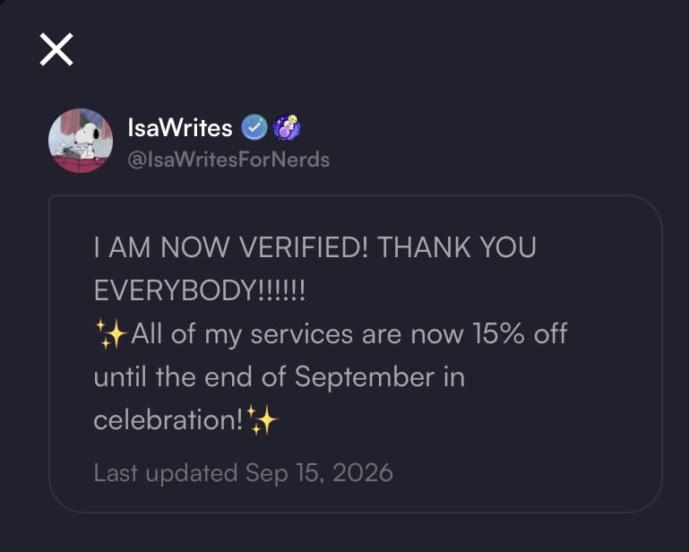 IsaWriteForNerd's tweet photo. I AM NOW VERIFIED! 
In celebration all of my commissions are 15% off until the end of September!

Thank you so much for everyone’s support!
https://t.co/G7VgiElSyE
#Vgencommission #Vgen #Commissionsopen #Discount https://t.co/qUvpyQDgwh