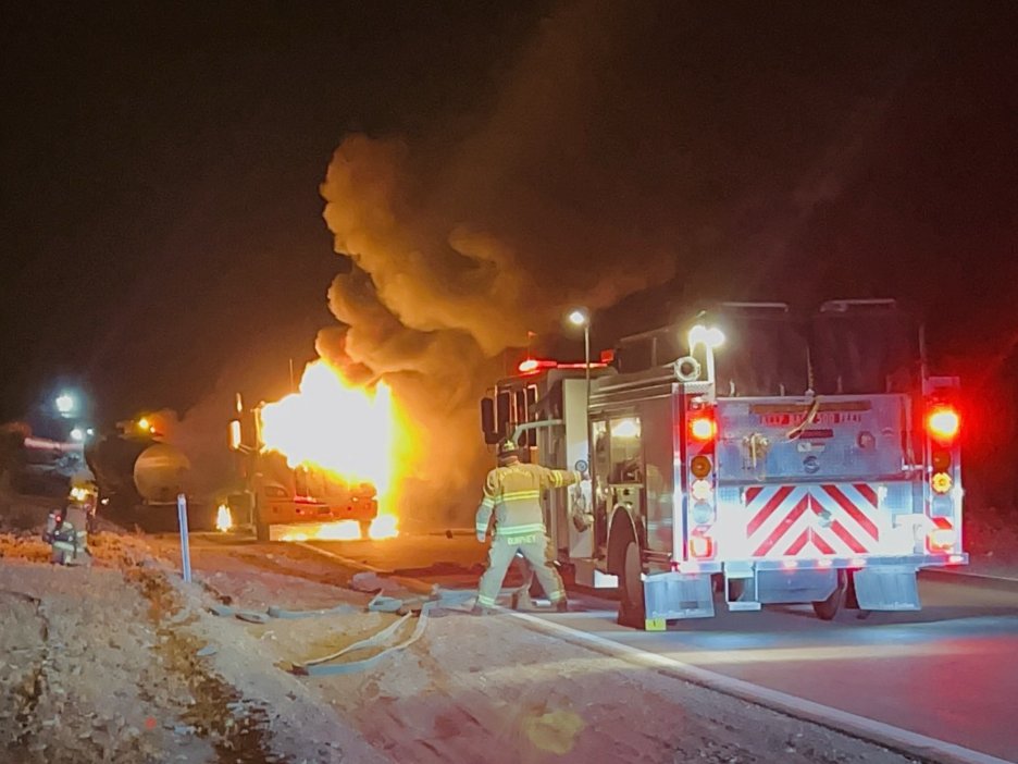 sierrawave's tweet photo. Firefighters respond to a tractor trailer fire on SR-190.
For Immediate Release: September 15, 2026

Contact: DEVA_News@nps.gov

DEATH VALLEY, Calif. — The National Park Service urges commercial truck drivers to use caution when traveling State Route 190 through Death Valley National Park, particularly on the steep descent from Towne Pass.

A tractor-trailer caught fire on SR-190 at approximately 7:45 p.m. Sept. 9 after its brakes overheated while descending about 5,000 feet from Towne Pass. The eastbound driver quickly detached the tractor from the trailer, preventing a potential spill of emulsified asphalt. The tractor later became fully engulfed in flames.

The incident highlights a recurring safety concern on Towne Pass. Park records show eight tractor-trailer fires on this section of SR-190 in the past three years.

“Commercial truck drivers should know about the steep grade well before they reach Towne Pass,” said Abby Wines, deputy superintendent. “Drivers need to determine whether their vehicle and load are appropriate for this route and, if necessary, choose an alternate route.”

The park urges commercial drivers to properly maintain their vehicles, use appropriate braking techniques and understand the demands of their route before entering Death Valley National Park.

For current road conditions and travel information, visit Alerts & Conditions - Death Valley National Park (U.S. National Park Service).

https://t.co/zujZbrVUZd