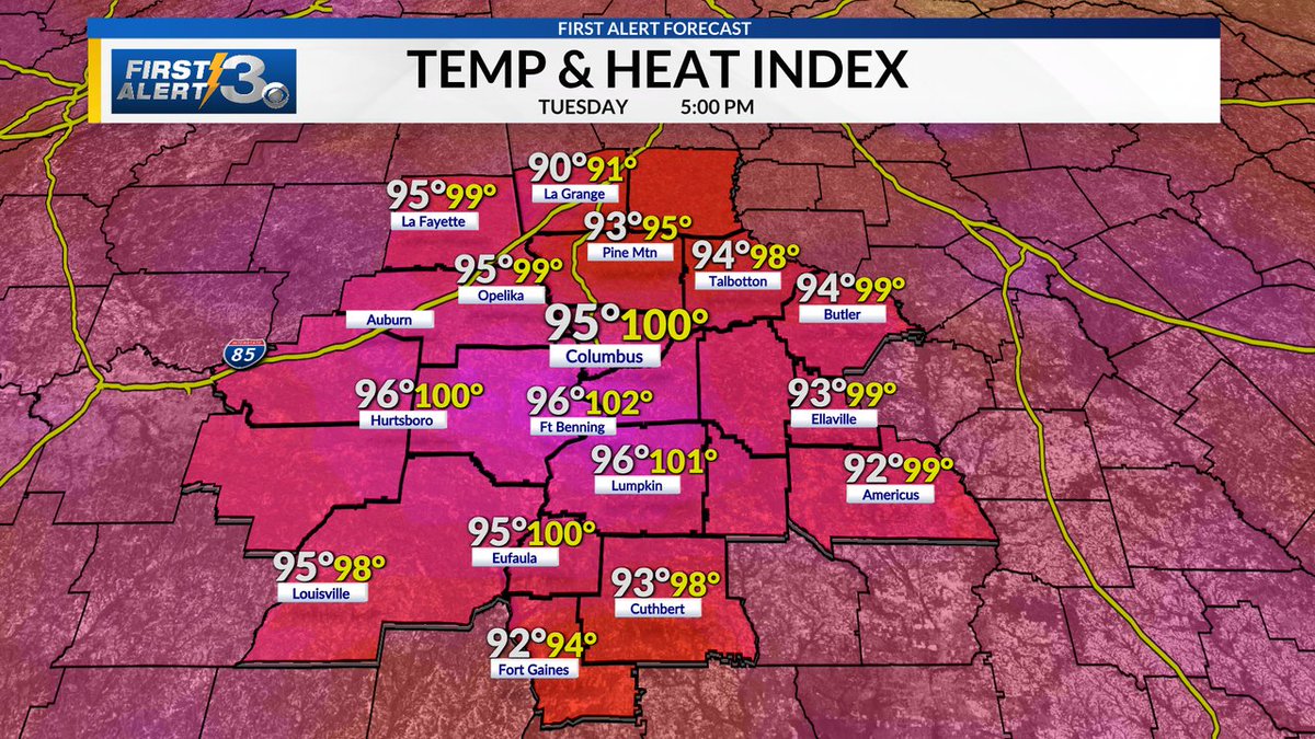 BJeswaldWRBL's tweet photo. The forecast for one more day will have heat index values in the lower 100s. A drier and more comfortable air mass is on the way! https://t.co/o6HWB4Myh4