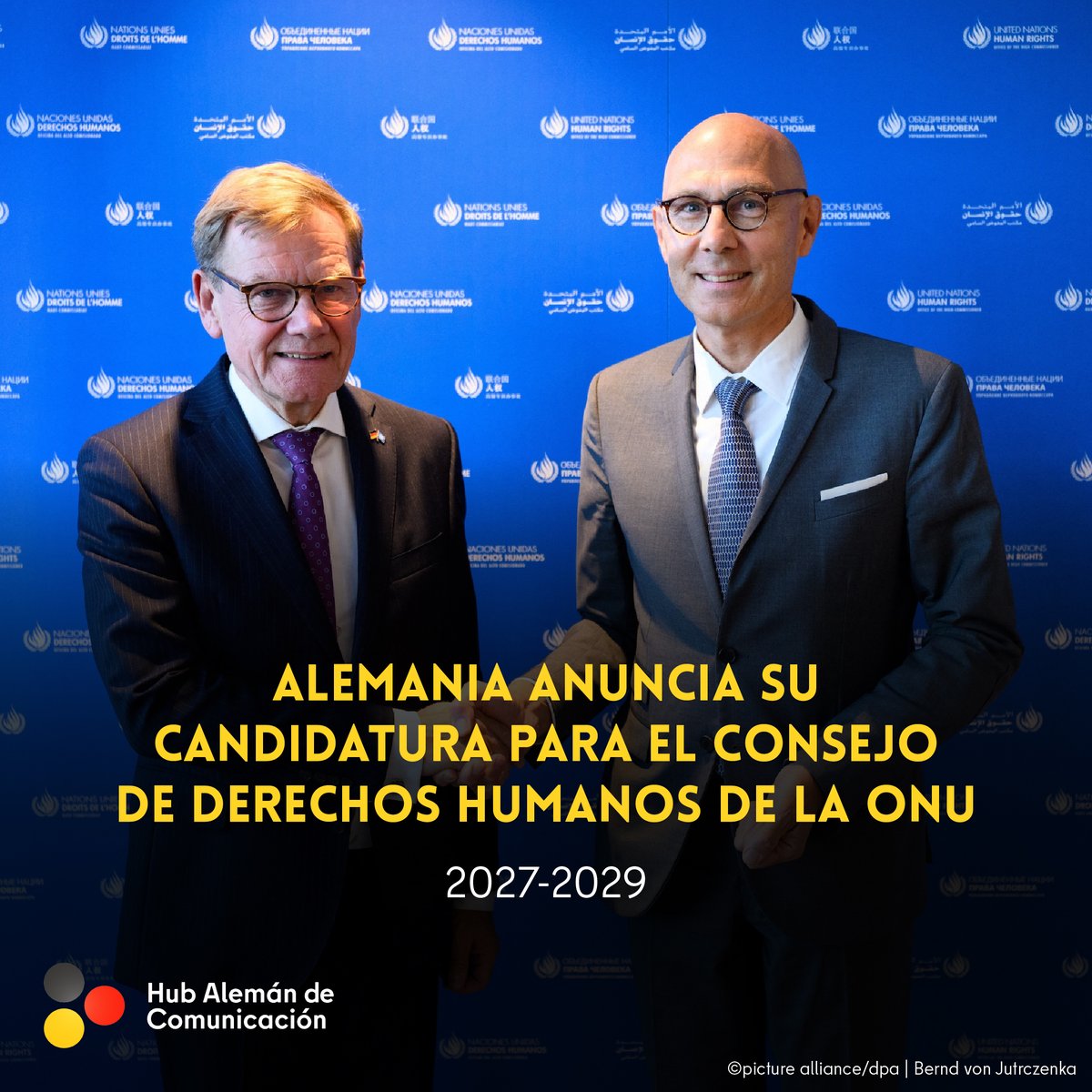 Alemaniaparati's tweet photo. 🕊️⚖️En tiempos donde los #DDHH se ven bajo presión, es cuando más responsabilidad queremos asumir.

👉Por ello, @AussenMinDE viajó ayer a Ginebra para reunirse con el Alto Comisionado para Derechos Humanos 🇺🇳 @volker_turk y anunciar la candidatura 🇩🇪 para el @UN_HRC en 2027-2029. https://t.co/6E1YG4FZHV