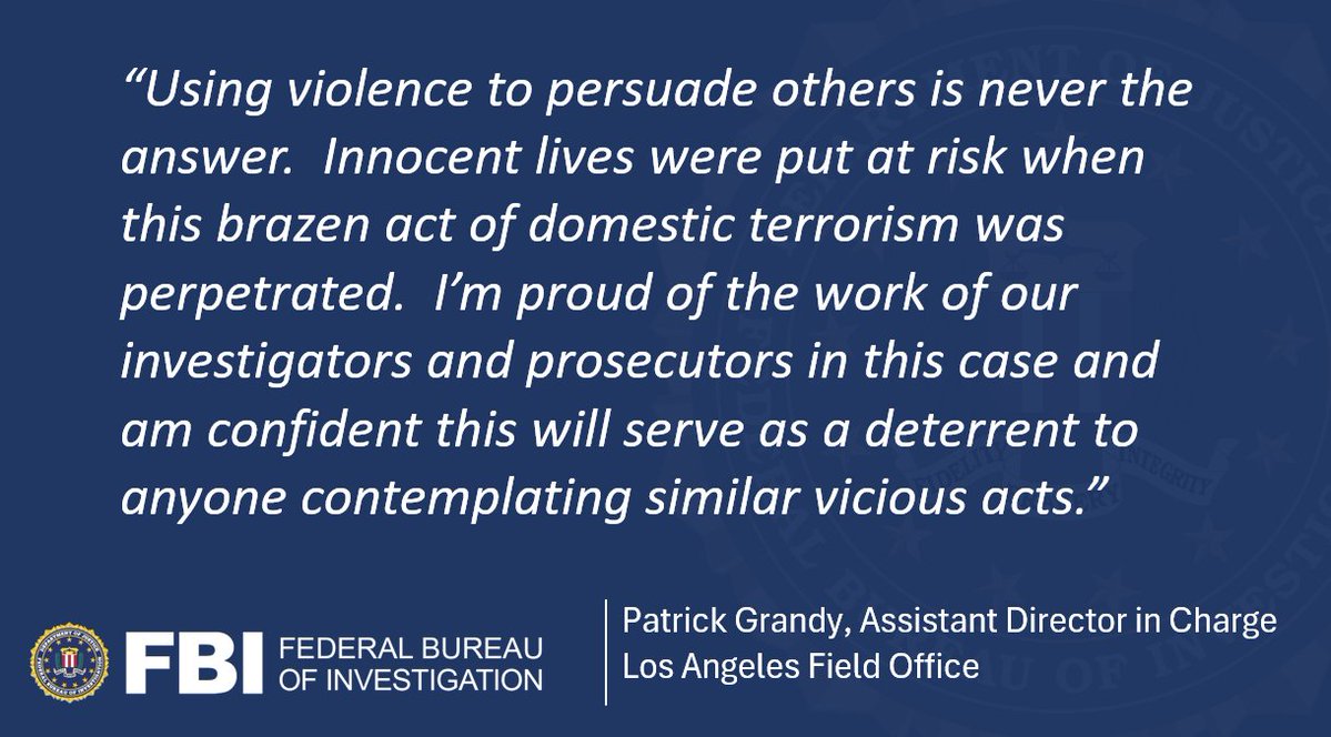 FBILosAngeles's tweet photo. A Santa Barbara County man pleaded guilty to detonating a bomb at a Santa Maria courthouse in 2024, an attack that injured three people, damaged the building, and was intended to kill law enforcement officers in retaliation for local law enforcement seizing his firearms earlier that year.

Nathaniel James McGuire, 22, of Santa Maria, pleaded guilty to one count of use of a weapon of mass destruction and one count of malicious destruction of a building using an explosive.  
McGuire has been in federal custody since September 2024.

Additional details: https://t.co/Z8BPDbpWqI
