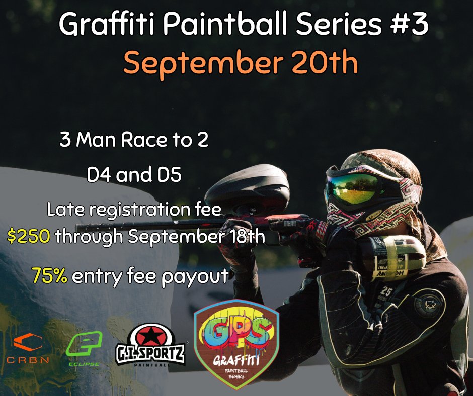 GraffitiPB's tweet photo. Registration for GPS 3 closes this Friday so make sure you get signed up before Friday night!

D4 registration &amp; info - https://t.co/3y6oMTqEGn
D5 registration &amp; info - https://t.co/Qnnsg1CMkR

#graffitipaintballnairsoft https://t.co/KWDAo2nHiD