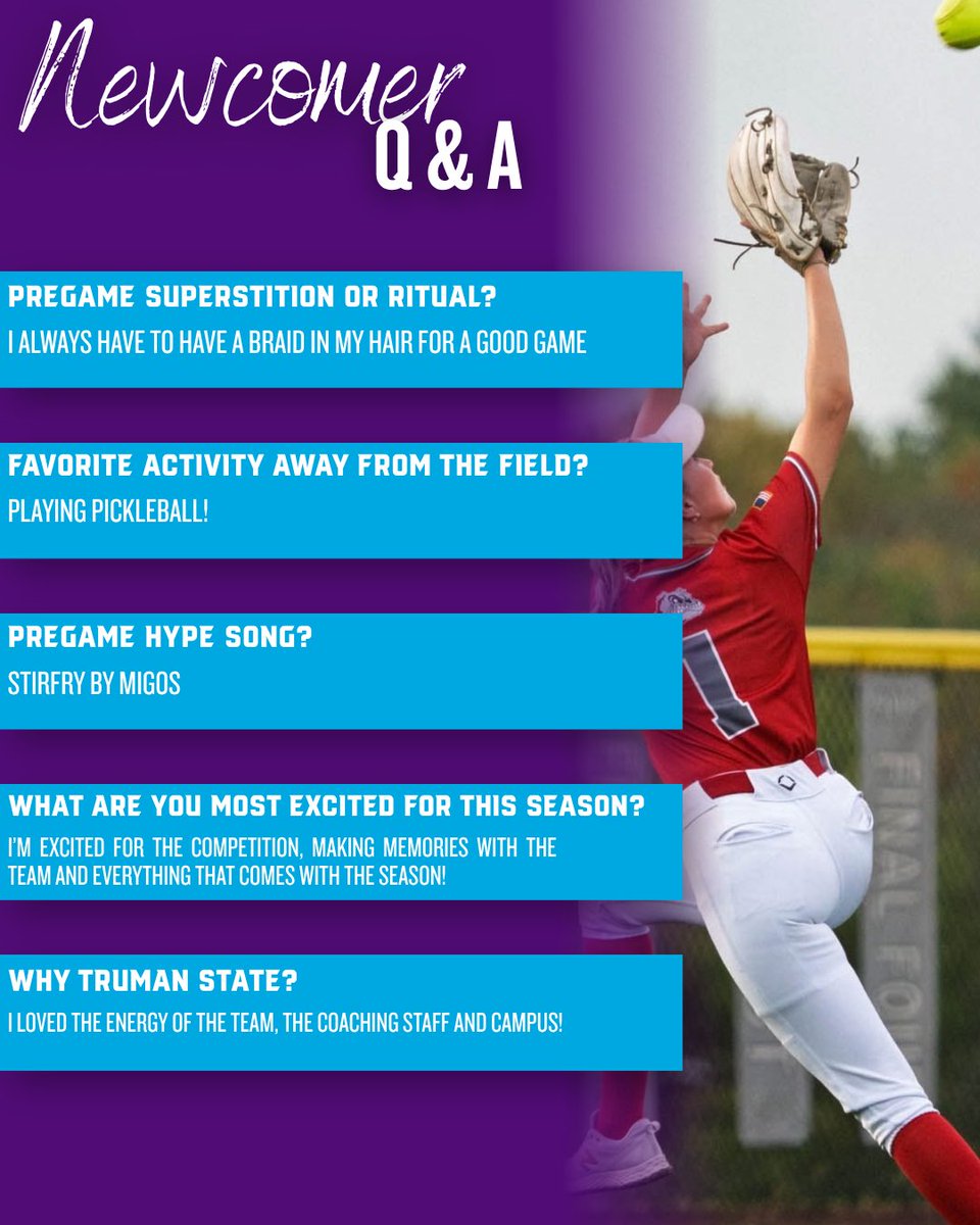 trumanstatesb's tweet photo. 🐾 MEET THE NEWCOMERS 🐾

Second in our newcomer spotlight series…Maddy Feger!💜

We’ll be sharing a newcomer Q&amp;A every day leading up to our first fall gameday, so check out Maddy’s Q&amp;A and get to know our newest Bulldogs!👀

#gobulldogs | #setitearnit | #bulldogpride https://t.co/KxUuyH0xsQ